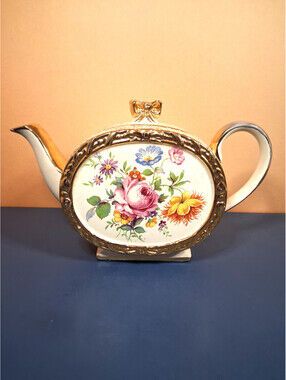 James Sadler And Sons Vintage England Floral & Gold Barrel Teapot (Description)